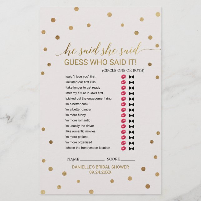 Gold Polka Dots "He Said She" Spiel (Vorderseite)
