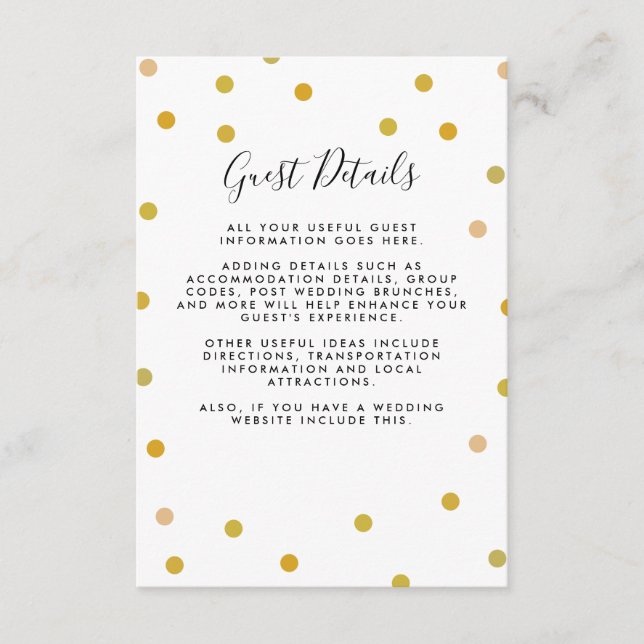 Gold Polka Dots Informationen zum Hochzeitsgast Begleitkarte (Vorderseite)