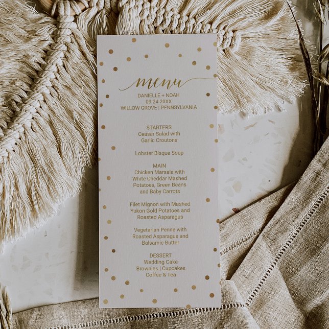 Gold Polka Dots Wedding Menu Card Menükarte (Von Creator hochgeladen)