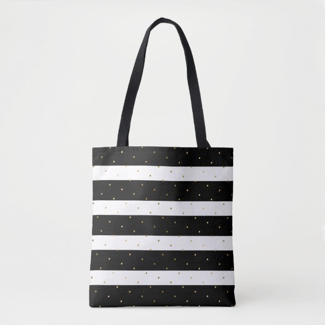 Gold Polka-Punkte & Schwarz-Weiß Streifen Muster Tasche (Vorderseite)