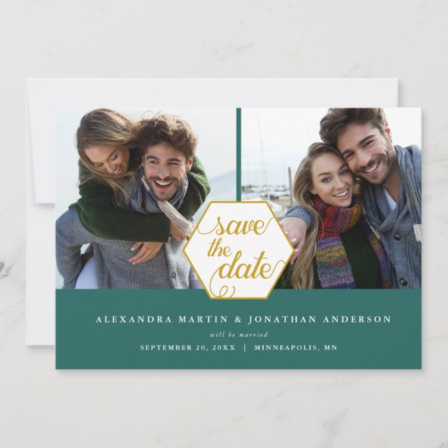 Gold Polygon 2 Fotos Dunkel Save the Date Aquamari (Vorderseite)