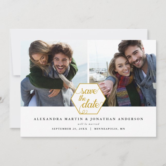 Gold Polygon Geometric | 2 FOTOS SAVE THE DATE (Vorderseite)
