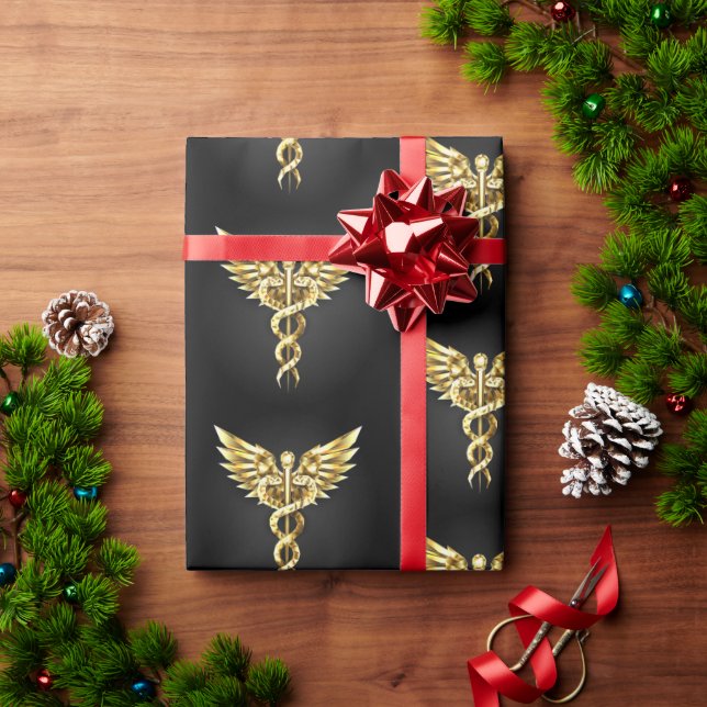 Gold Polygonal Symbol Caduceus Geschenkpapier (Feiertagsgeschenk)