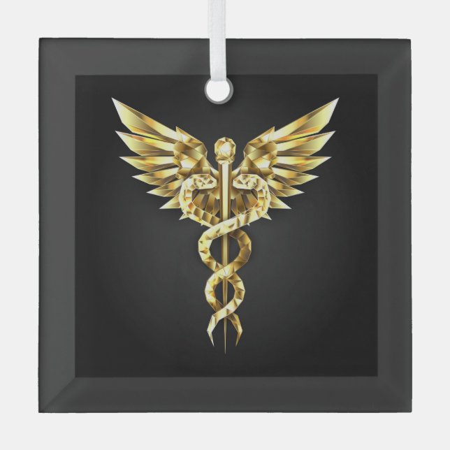 Gold Polygonal Symbol Caduceus Ornament Aus Glas (Vorderseite)