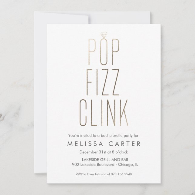 Gold Pop Fizz Clink Bachelorette Imitate Fossilien Einladung (Vorderseite)