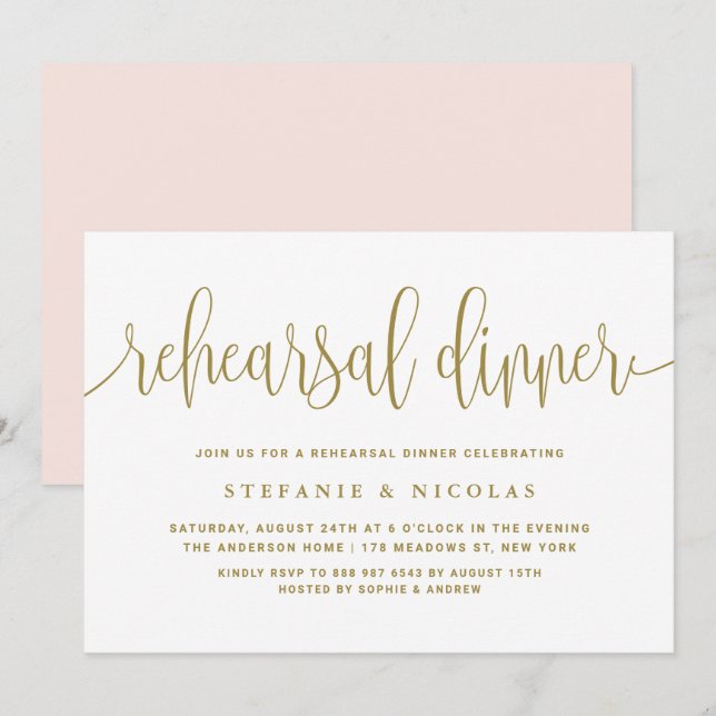 Gold Pretty Calligraphy Rehearsal Dinner Einladung (Vorne/Hinten)
