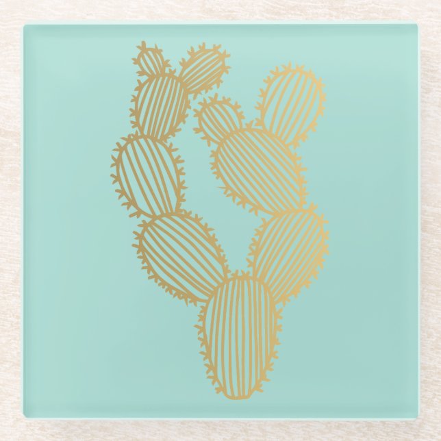 Gold Prickly Cactus Doodle Glasuntersetzer (Vorderseite)