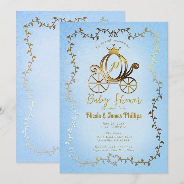 Gold Princess Carriage Blue Storybook Kinderdusche Einladung (Vorne/Hinten)
