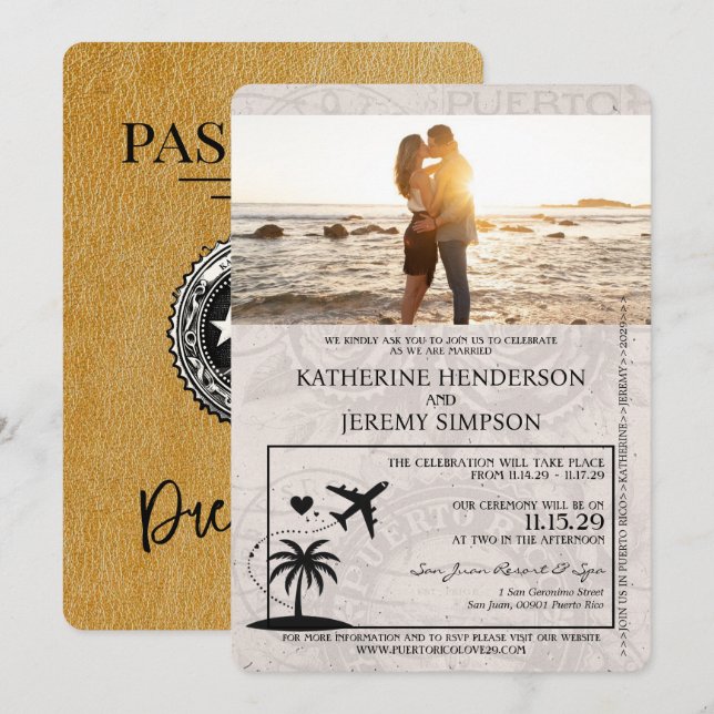 Gold Puerto Rico Passport Wedding Einladung (Vorne/Hinten)