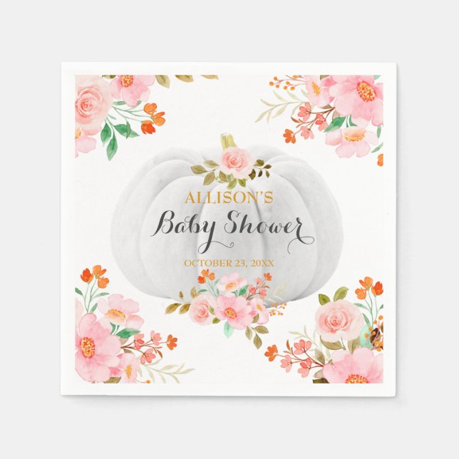 Gold Pumpkin Fall Pink Floral Baby Dusche Serviette (Vorderseite)