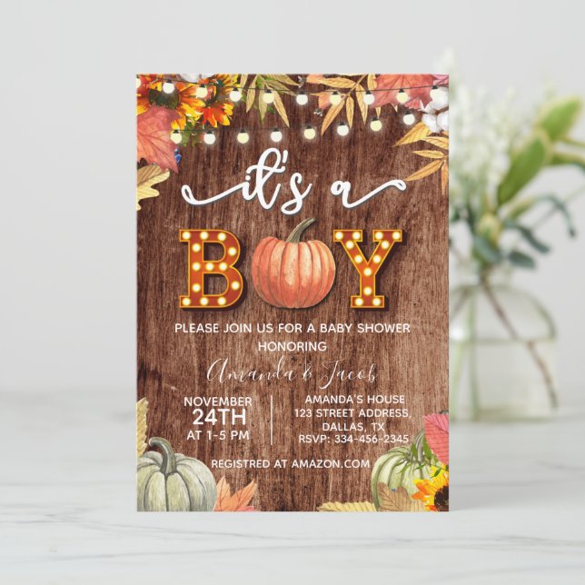 Gold Pumpkin Rustikal Es ist eine Baby-Dusche Einladung (Stehend Vorderseite)