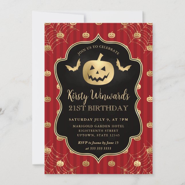 Gold Pumpkin und Rote Streifen 21. Geburtstag Einladung (Vorderseite)