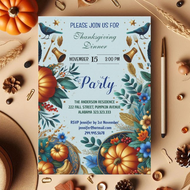 Gold Pumpkins Blue Bird Erntedank Dinner Party Einladung (Gold Pumpkins Blue Bird Thanksgiving Dinner Party Invitation)