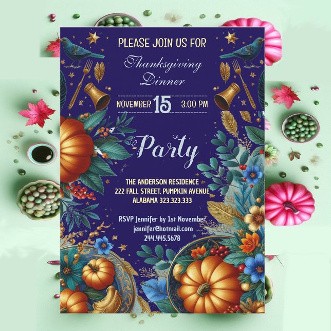 Gold Pumpkins Botanischer Erntedank Abendessen Par Einladung (Gold Pumpkins Botanical Thanksgiving Dinner Party Invitation)