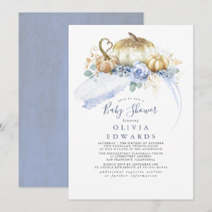 Gold Pumpkins Dusty Blue Floral Fall Baby Dusche Einladung