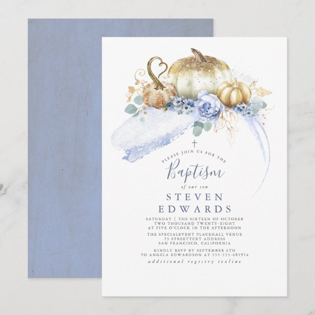 Gold Pumpkins Dusty Blue Floral Fall Baptisse Einladung (Vorne/Hinten)