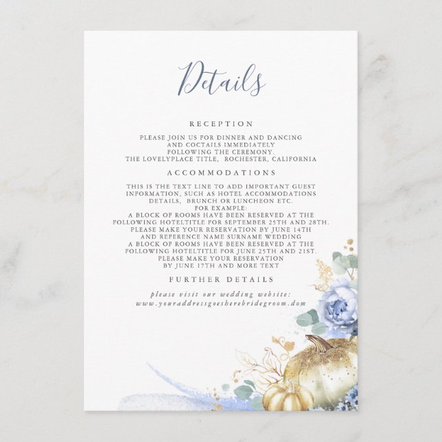 Gold Pumpkins Dusty Blue Floral Wedding Details Begleitkarte (Vorderseite)