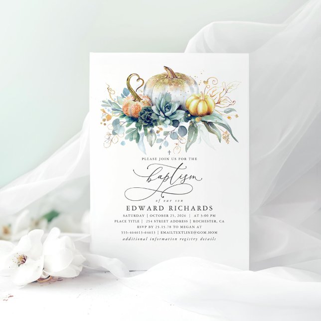 Gold Pumpkins und Sukkulente Grüne Fall Taufe Einladung (Pumpkins Greenery Baptism Invitations)