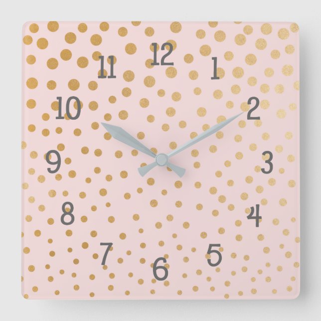 Gold Punkte auf der Kinderzimmer-Uhr in Rosa Quadratische Wanduhr (Vorderseite)