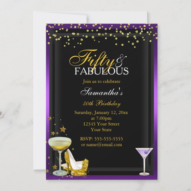 Gold & Purple 50 & Fabuleuse Invitation Anniversai (Devant)