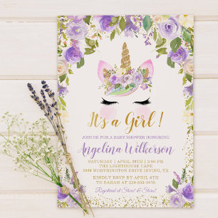 Gold Purple Floral Unicorn Baby Shower Invitations