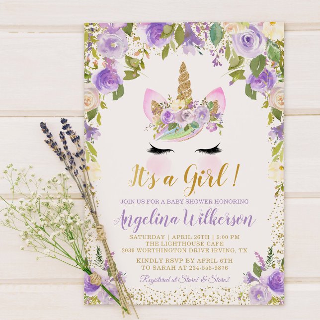 Gold Purple Floral Unicorn Baby Shower Invitations (Créateur téléchargé)