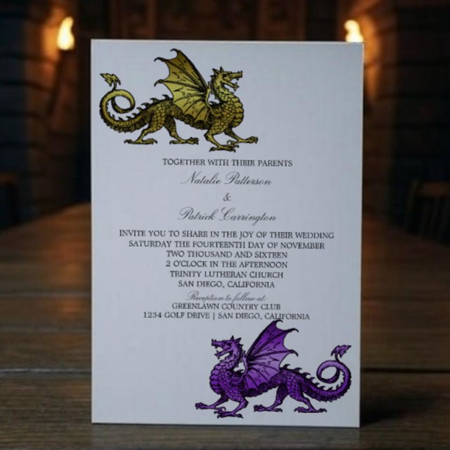 Gold Purple Medieval Dragon Wedding Invitation (Gold Purple Medieval Dragon Wedding Invite)