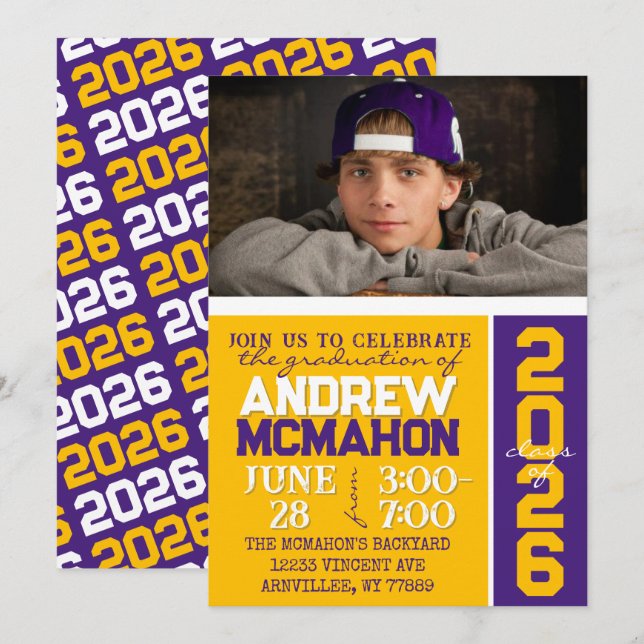 Gold & Purple Moderne Graduation Photo Invitation (Devant / Derrière)