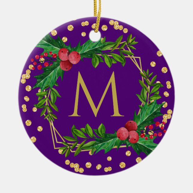 Gold Purple Monogram Merry Christmas Holly Glitter Keramik Ornament (Vorne)