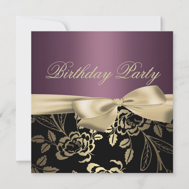 Gold & Purple Rose Leaf Bow Invitation Anniversair (Devant)