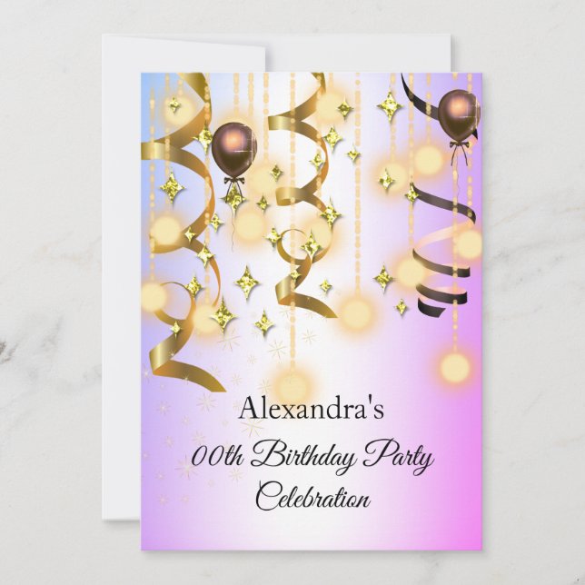 Gold Purple Rose Lumières Anniversaire Invitation (Devant)