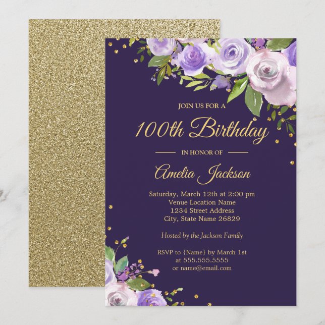 Gold Purple Sparkle Floral 100e Invitation d'anniv (Devant / Derrière)