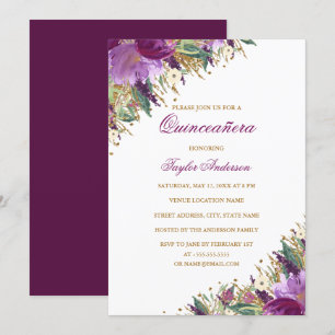 Gold Purpur Glitter Amethyst Floral Quinceanera Einladung