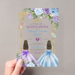 Gold Purpur- und Blaue Blumenkrone Twin Quinceañer Acryleinladungen