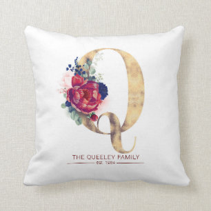 Gold Q Monogram Floral Burgund Red and Navy Blue Kissen