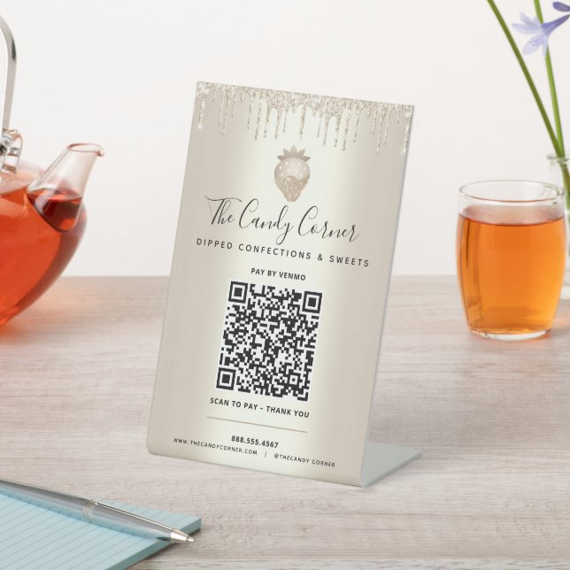 Gold QR Code Bezahlung Hier Erdbeeren Glitzer Trop Sockelschild (In SItu)