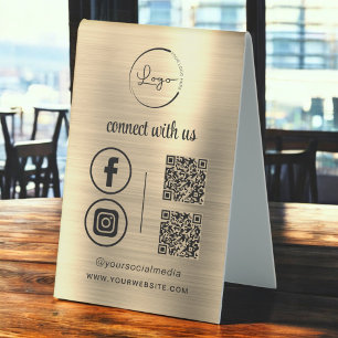 Gold QR Connect mit Social Media des US-Firmenlogo Tischaufsteller