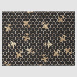 Gold Queen Bees and Honeycomb on Black Decoupage Seidenpapier