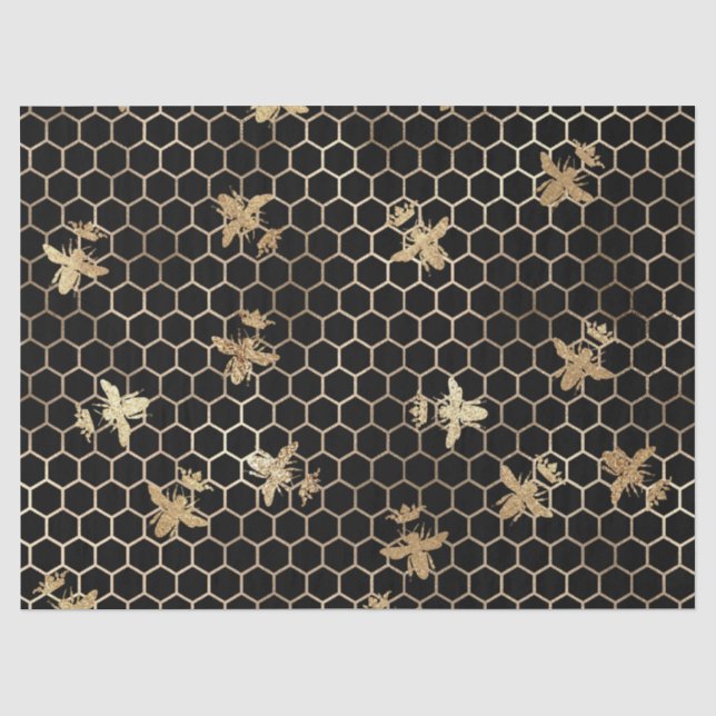 Gold Queen Bees and Honeycomb on Black Decoupage Seidenpapier (Vorderseite)