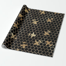 Gold Queen Bees and Honeycomb on Black