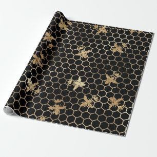 Gold Queen Bees and Honeycomb on Black Geschenkpapier