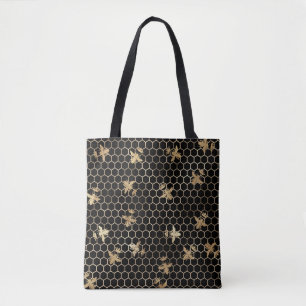 Gold Queen Bees and Honeycomb on Black Tasche