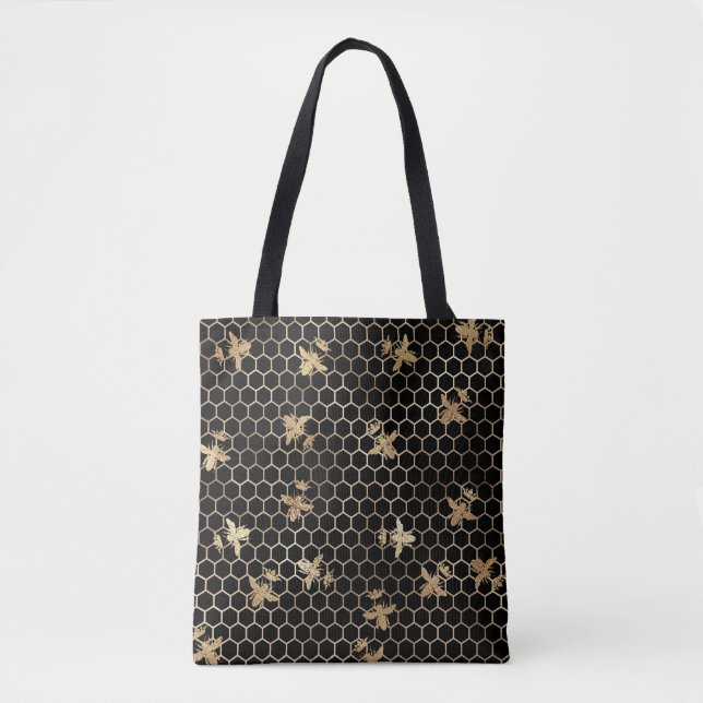 Gold Queen Bees and Honeycomb on Black Tasche (Vorderseite)