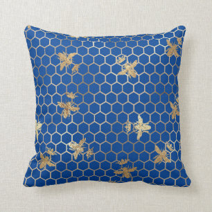 Gold Queen Bees and Honeycomb on Blue Kissen