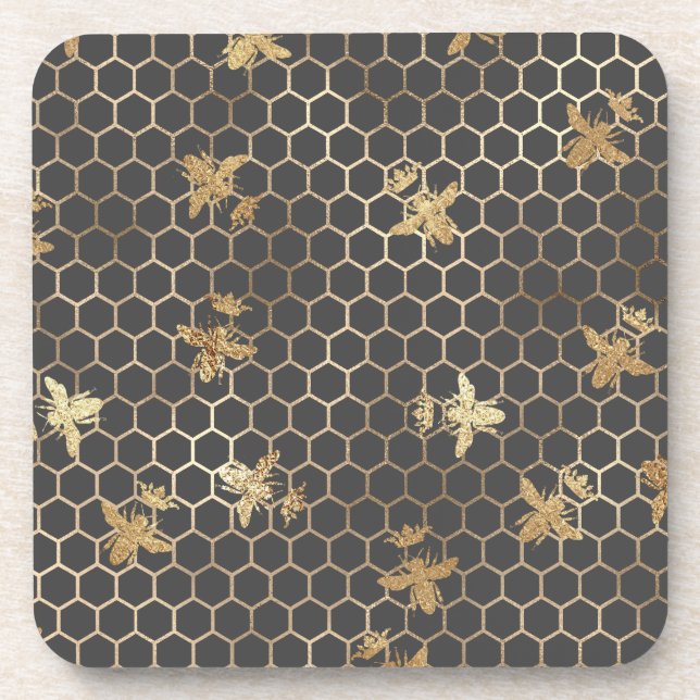 Gold Queen Bees and Honeycomb on Gray Getränkeuntersetzer (Vorderseite)