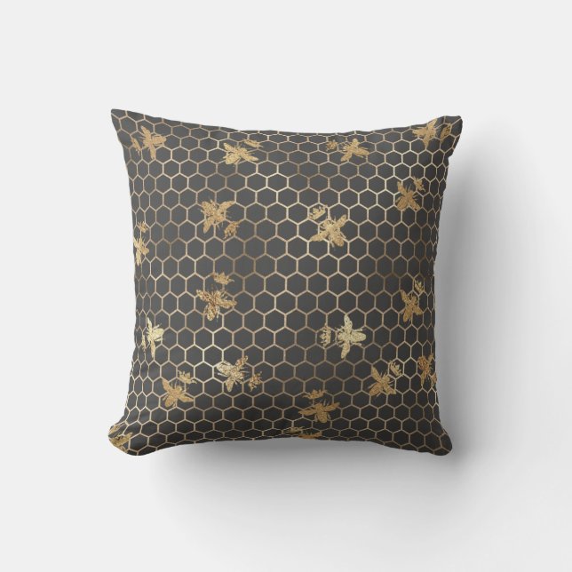 Gold Queen Bees and Honeycomb on Gray Kissen (Vorderseite)