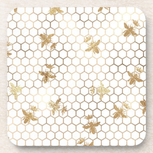 Gold Queen Bees and Honeycomb on White Getränkeuntersetzer