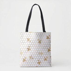 Gold Queen Bees and Honeycomb on White Tasche