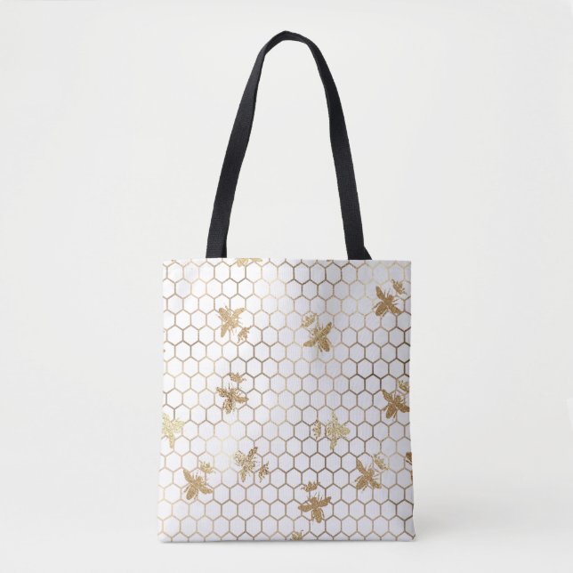 Gold Queen Bees and Honeycomb on White Tasche (Vorderseite)