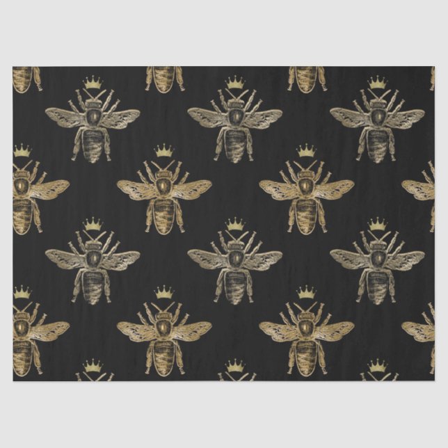 Gold Queen Bienen auf Black Decoupage Seidenpapier (Vorderseite)